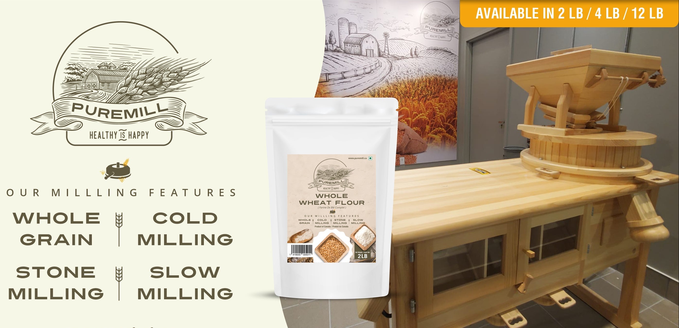 Wooden flour mill with a bag of whole wheat flour and Puremill branding.